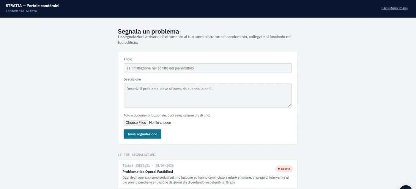 Pagina del condomino per inviare ticket e segnalazioni all'amministratore